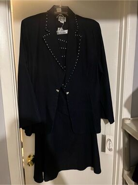 Women's Denim 3 piece Black Stud-Trim Blazer, Stud Vest and Skirt.